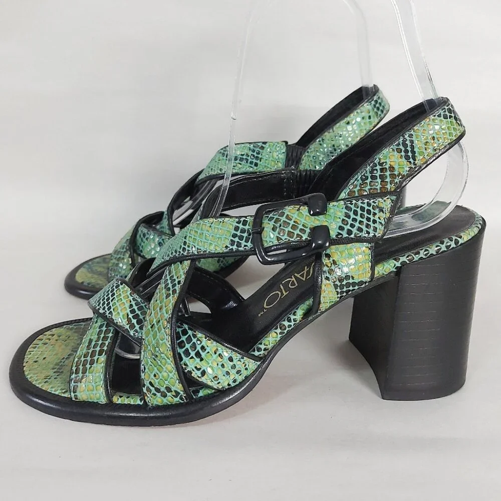 Franco Sarto Women 90s Open-Toe Strappy Sandals 5.5 Green Snakeskin Block Heel